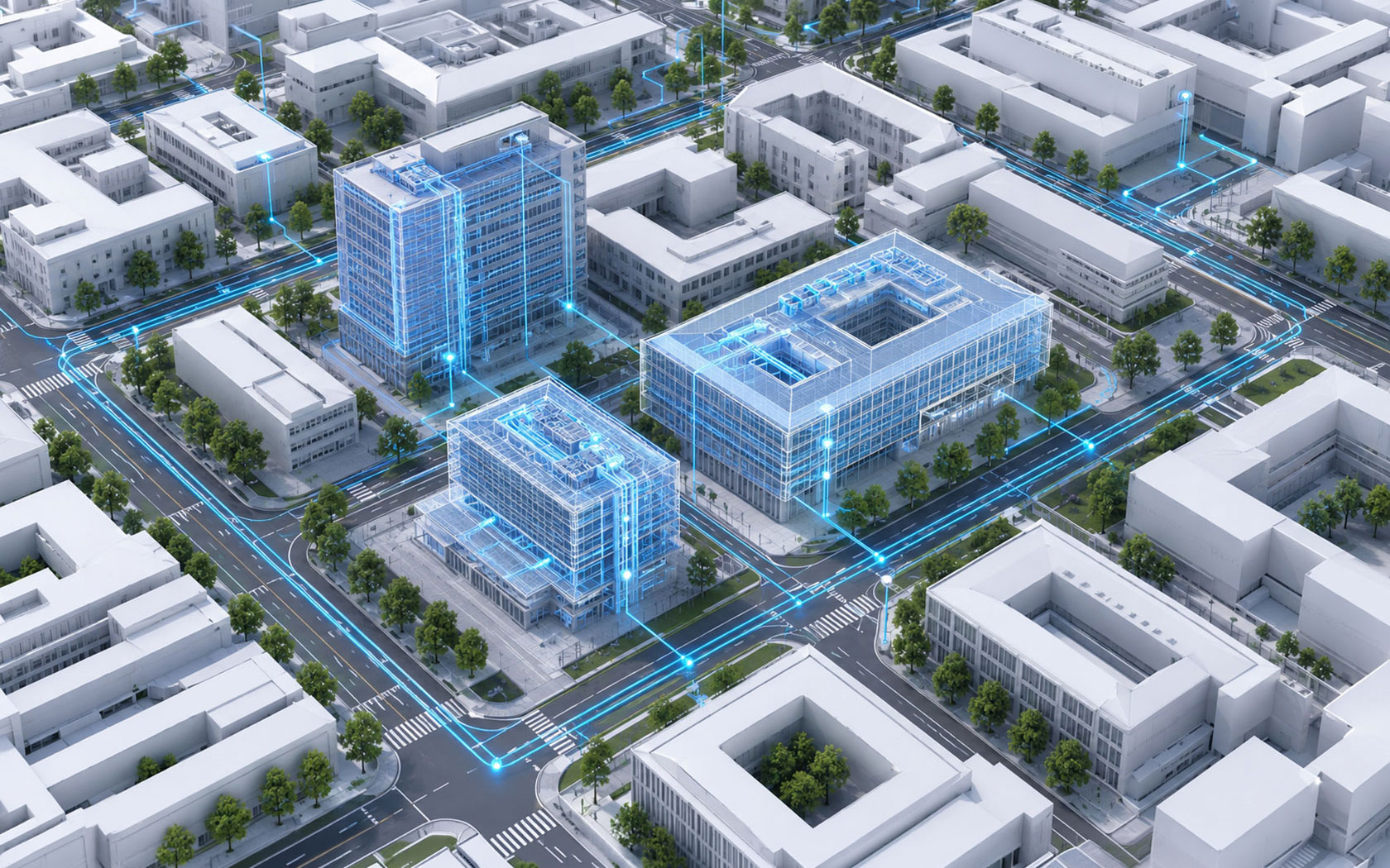 Vernetzte Gebäude als Symbol für digitale TGA Projektsteuerung.