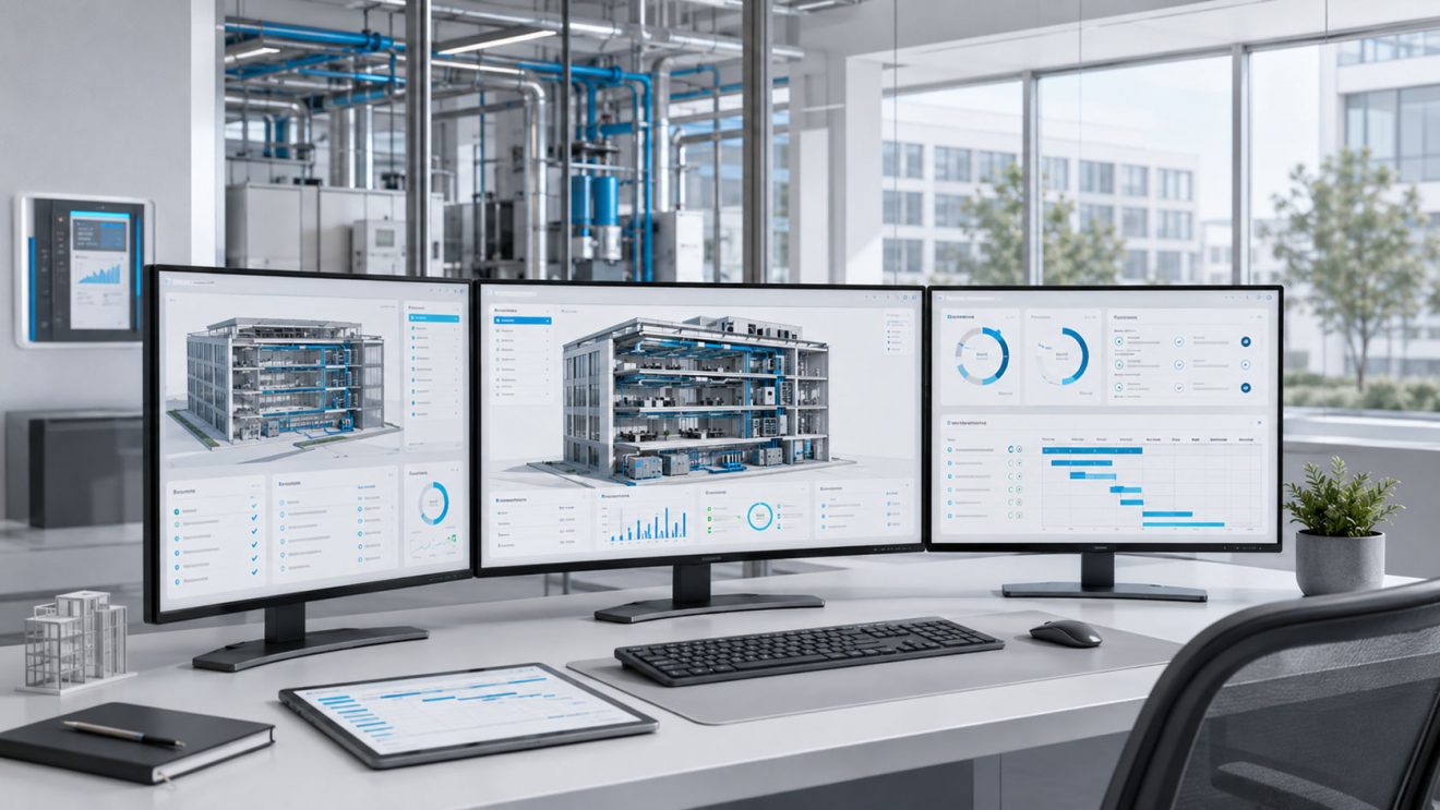 Monitore mit Dashboards für digitale Brandfallsteuermatrix.